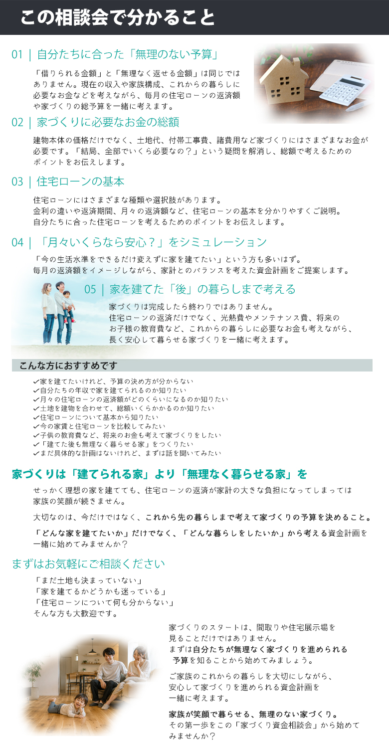不安を感じるお金のこと。家づくり資金相談会