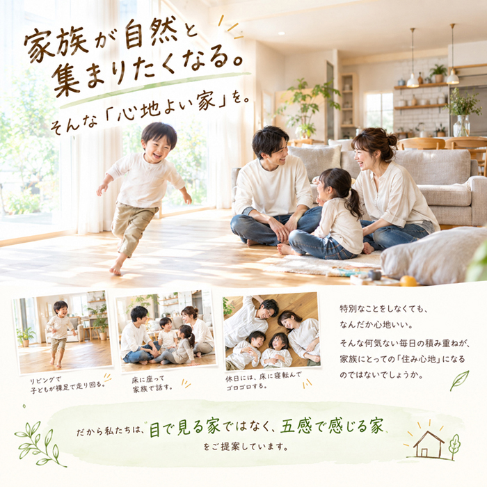 自然素材の家「ナチュリエ」。家族が自然と集まりたくなるそんな「心地よい家」を。
