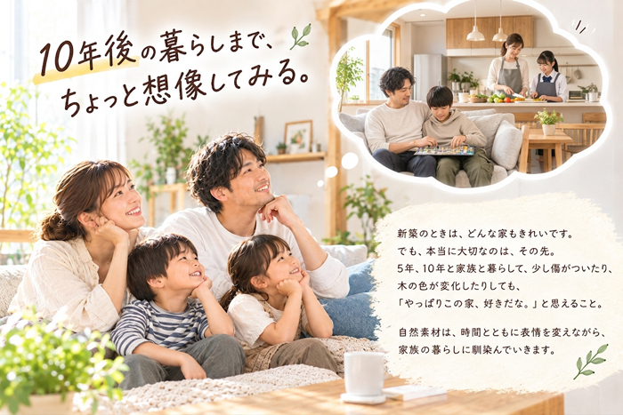 10年後の暮らしまで、ちょっと想像してみる。5年、10年と家族と暮らして、「やっぱりこの家、好きだな。」と思えること。 自然素材は、時間とともに表情を変えながら、家族の暮らしに馴染んでいきます。
